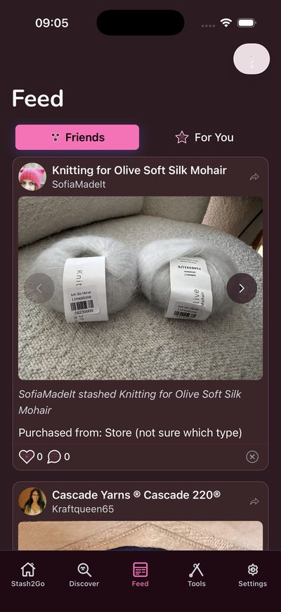 Stash2Go Ravelry app - Personal activity feed with friend updates