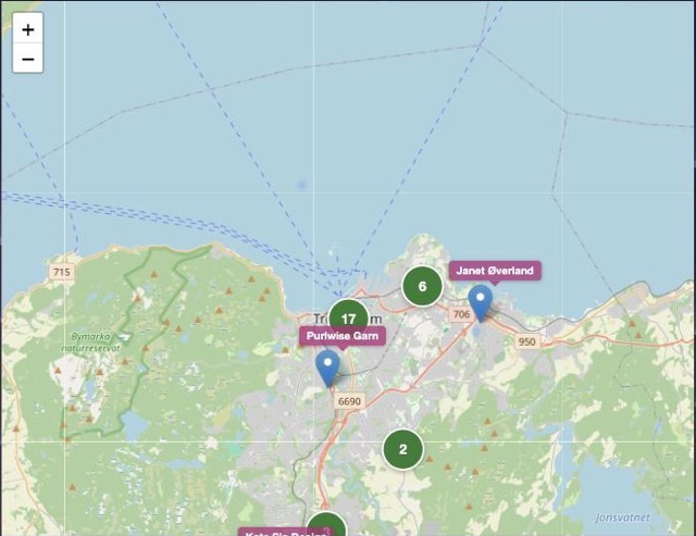The yarn shop map in Stash2Go, with pins for the shops around Trondheim